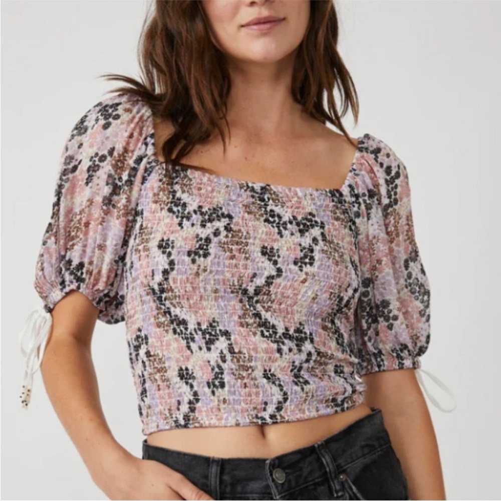 Free People Smocked Square Neck Crop Top in Pastel Floral Print - Picture 15 of 15